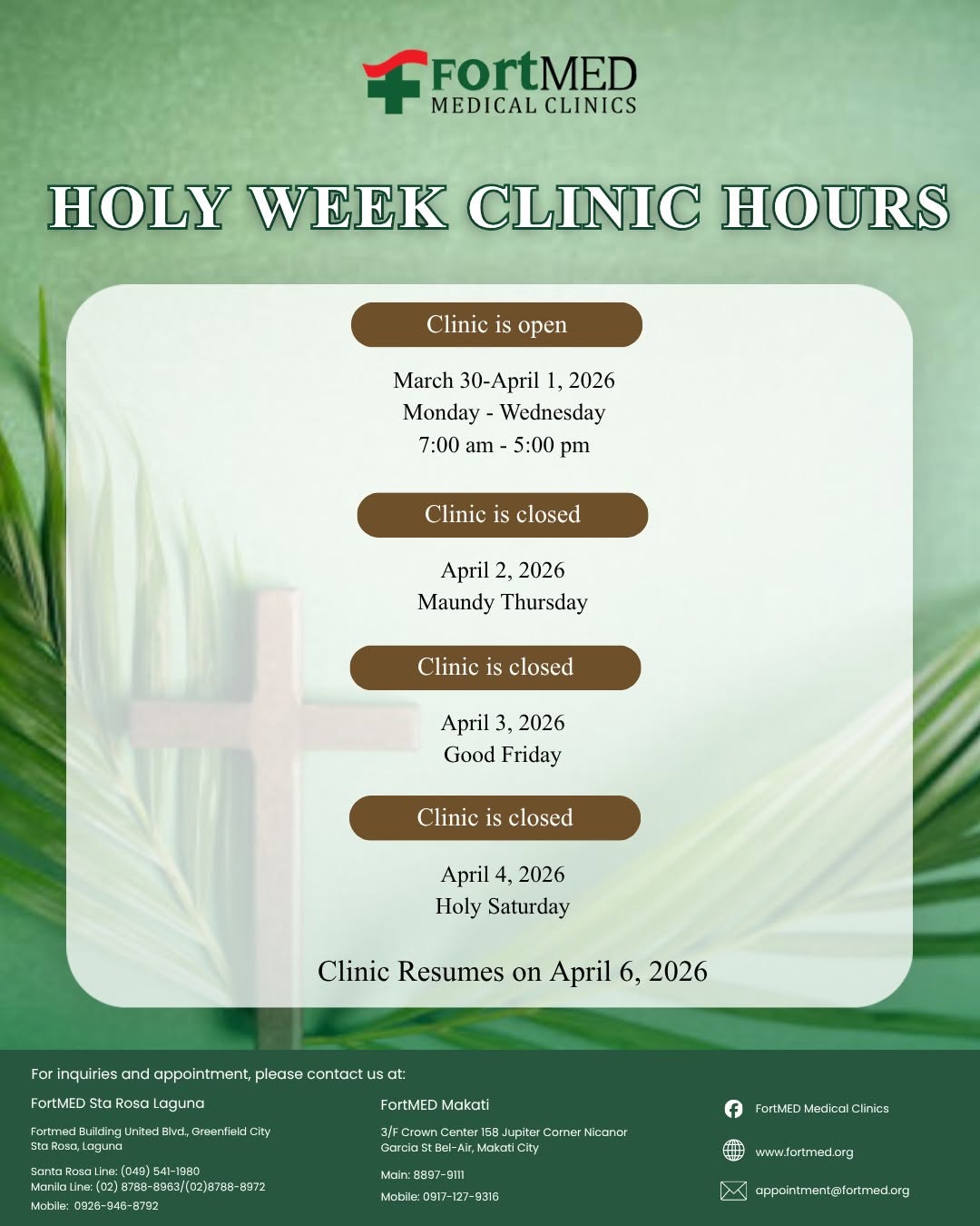 Holy Week Clinic Hours